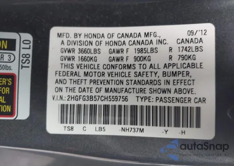 2012 Honda Civic Lx из США, поврежденный, VIN 2HGFG3B57CH559756